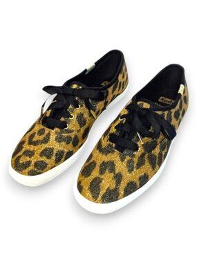Keds x Kate Spade Glitter Leopard Sneakers Gold Black Ribbon Laces Size 6 EUC